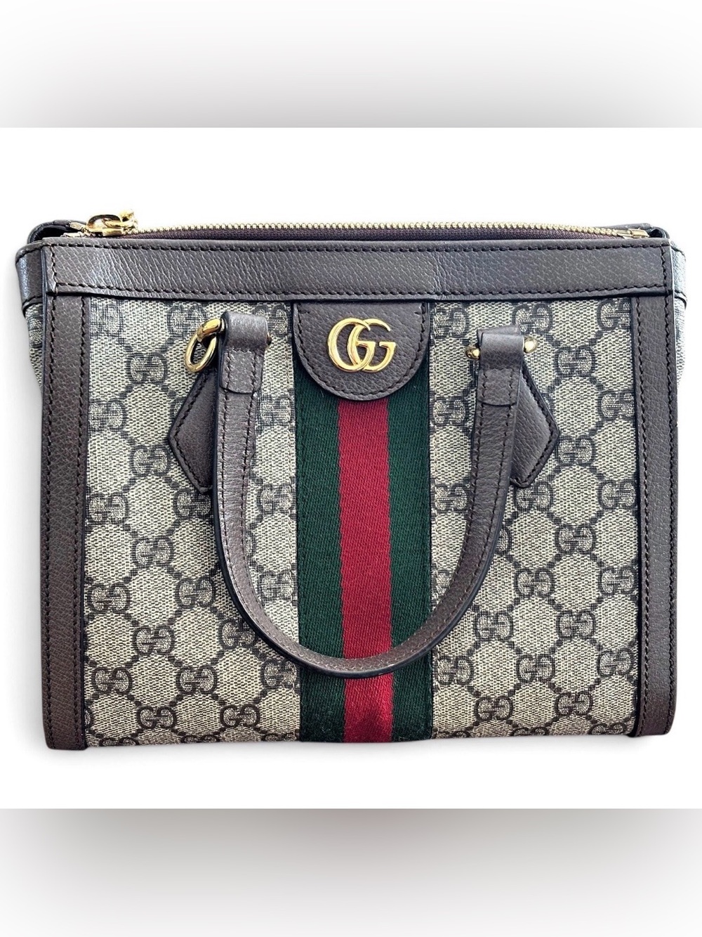 Gucci Beige GG Supreme Canvas Satchel with Green and Red Web